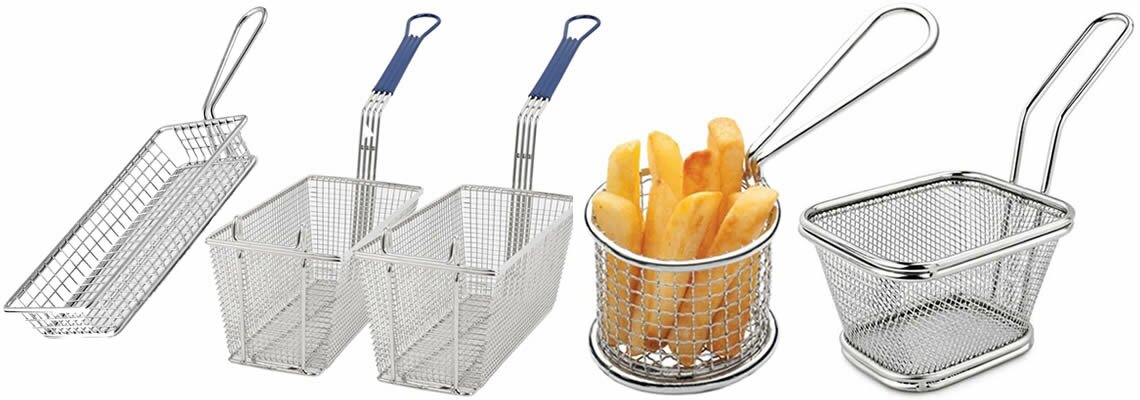 Four kinds of fry baskets, with different shapes and sizes, one is shown with french fries.
