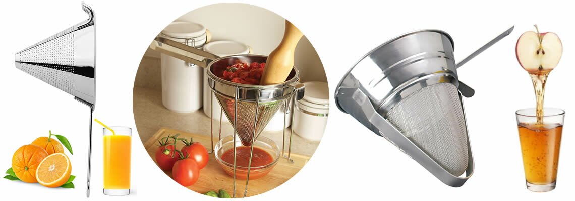Wire mesh strainer and perforated strainer can be used to make orange and apple juice, as well as tomato sauce.