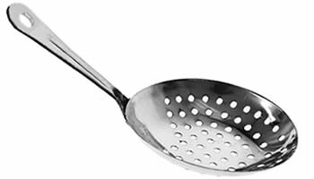 A stainless steel julep strainer with a hanging hook, perforated bowl.