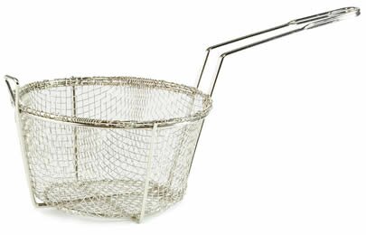 A round fry basket with coarse mesh and welded handle, reinforced base