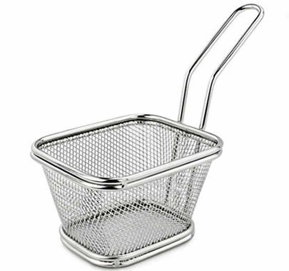 A mini rectangular fry basket with woven steel fabric and reinforced edges